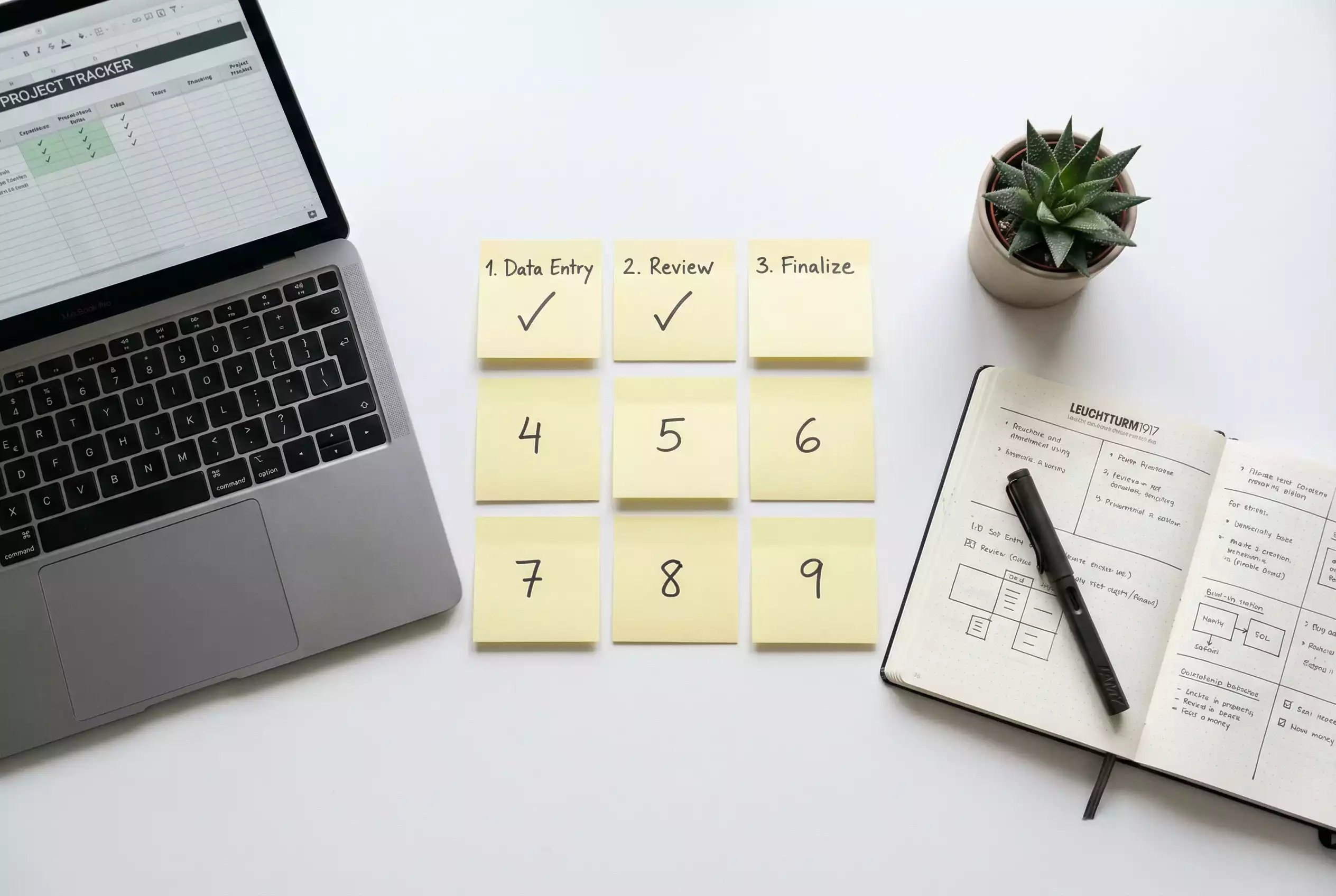 Organisierter Arbeitsplatz mit Notizen und Laptop für Wettanalyse