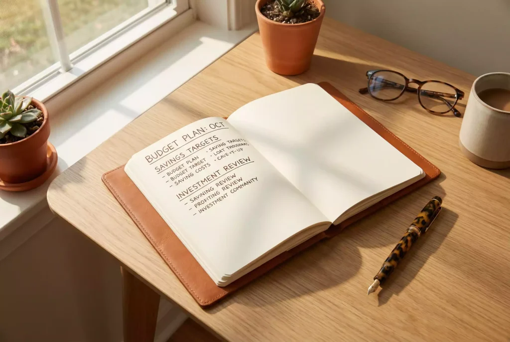 Geordneter Schreibtisch mit Notizbuch und Stift symbolisiert diszipliniertes Finanzmanagement