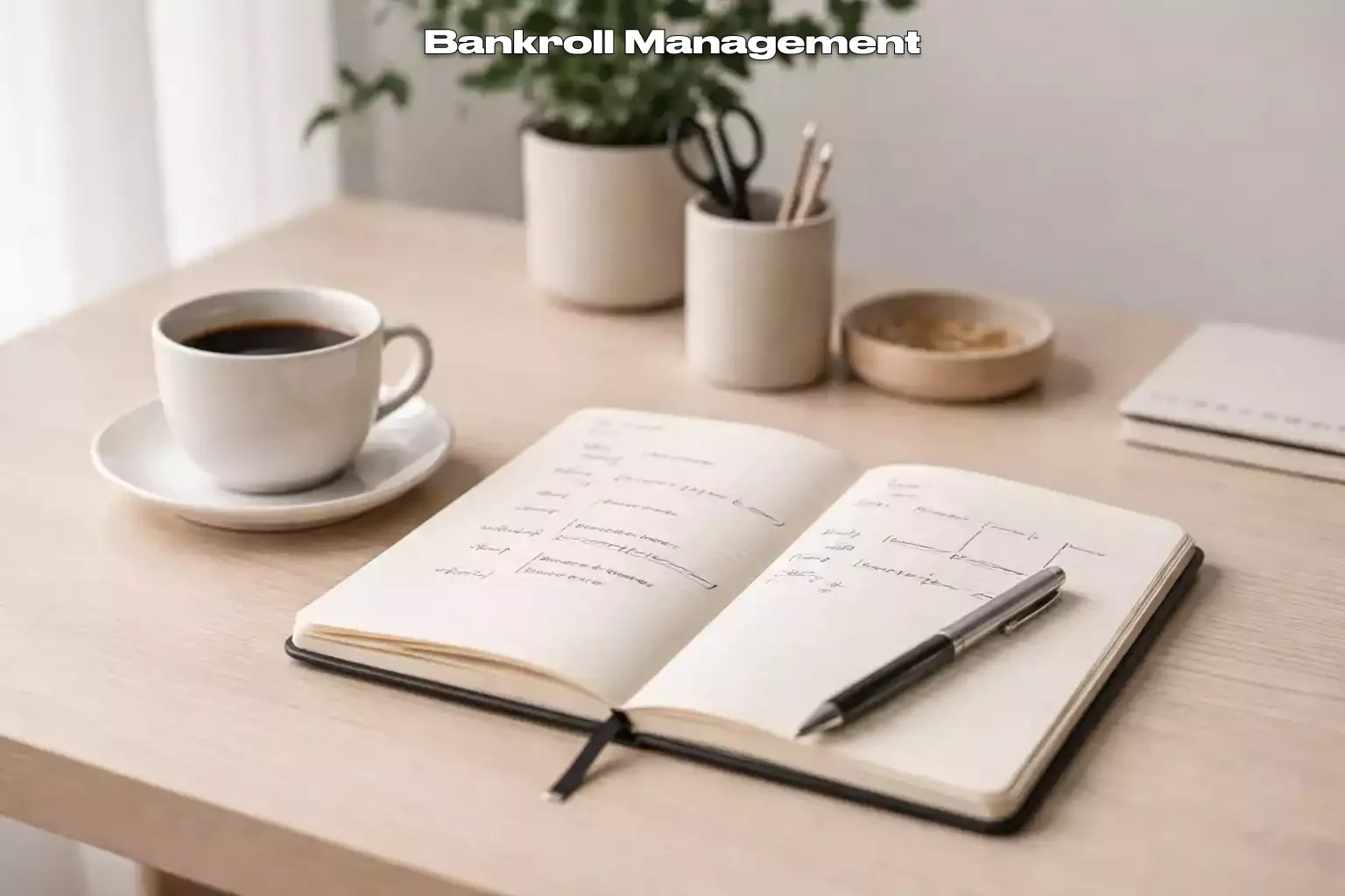 Geordneter Schreibtisch mit Notizbuch, Stift und einer Tasse Kaffee symbolisiert Disziplin und Planung