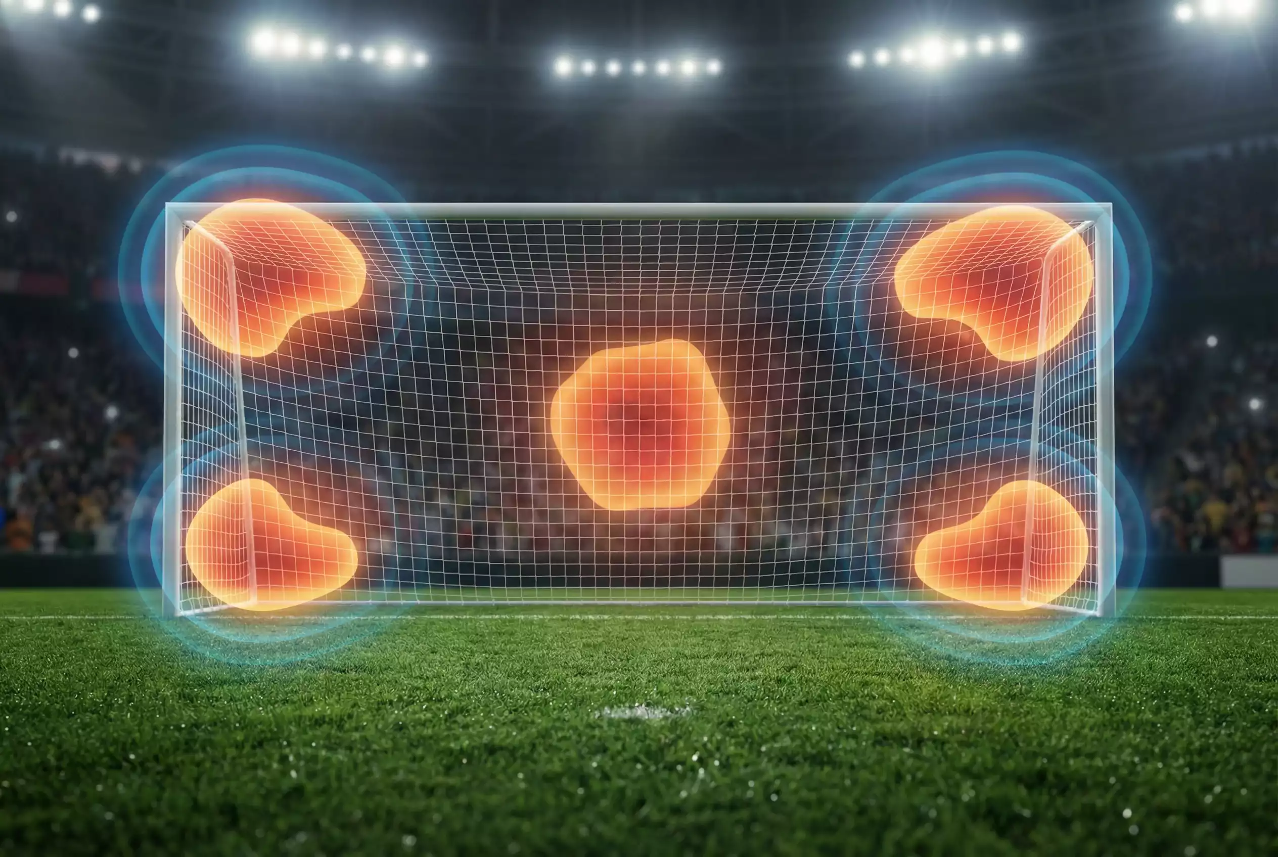 Fussballtor mit überlagerten Statistikdaten und Wahrscheinlichkeiten