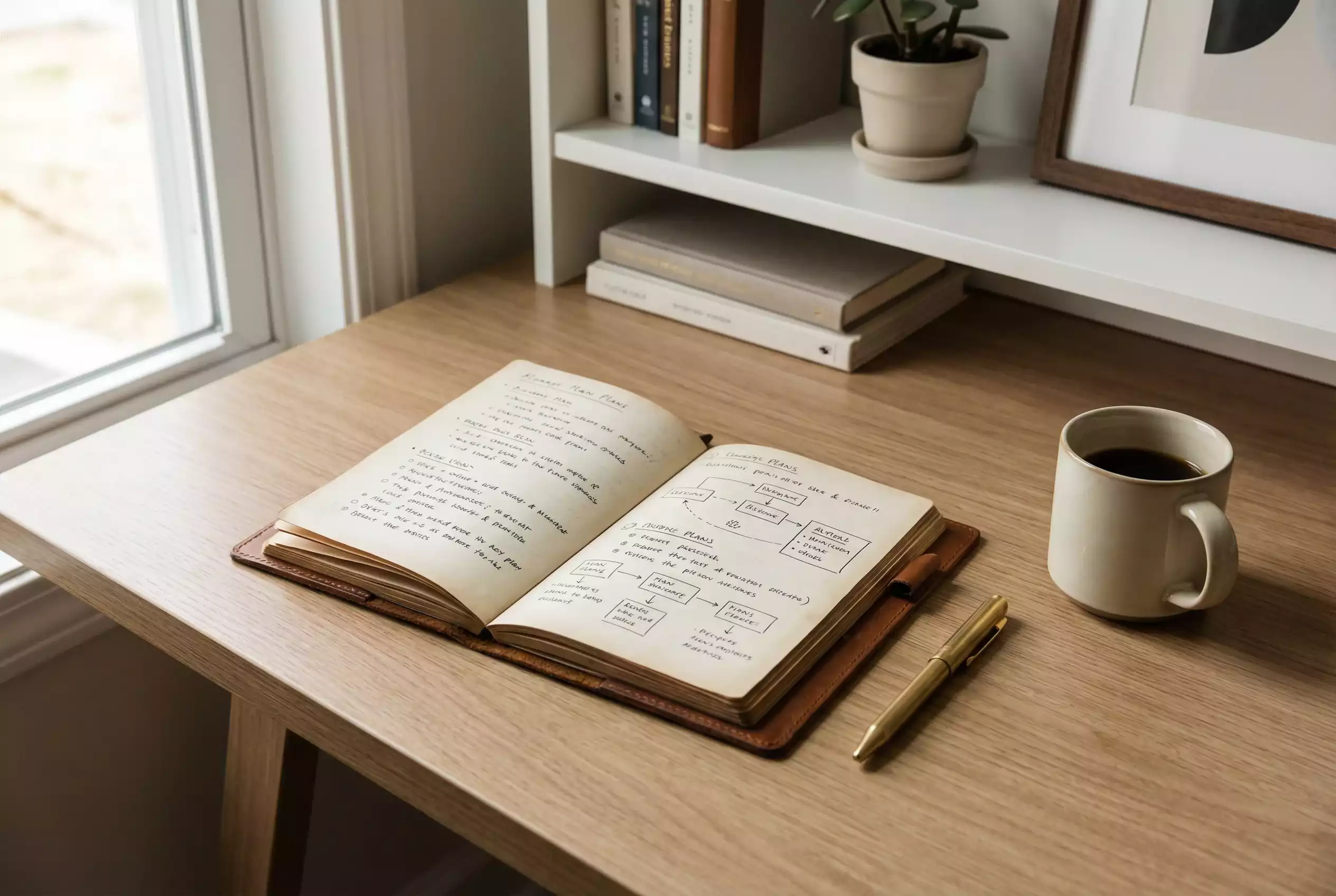 Aufgeräumter Schreibtisch mit Notizbuch und Stift für Wettplanung