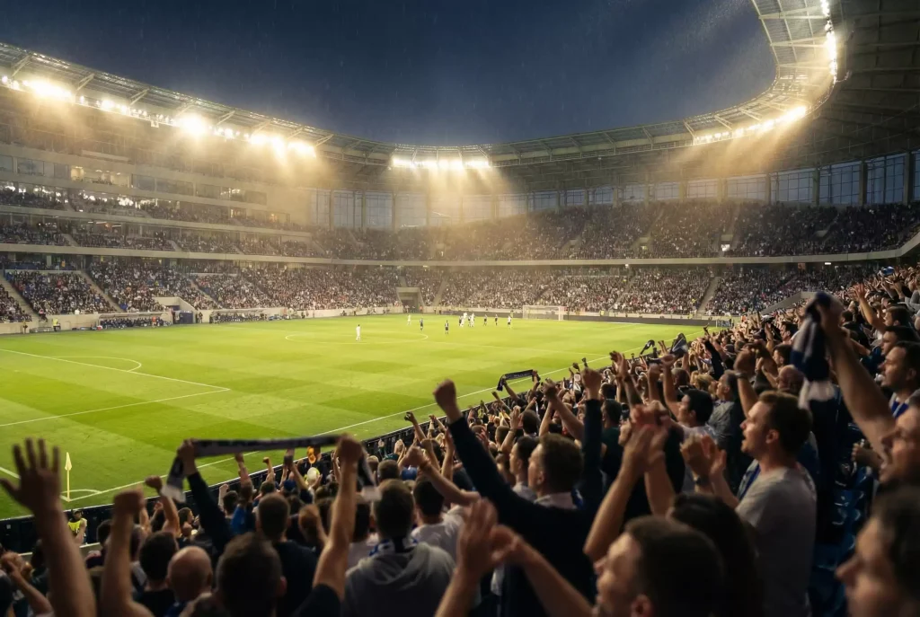 Spannendes Fussballspiel im Stadion bei Flutlicht mit begeisterten Fans