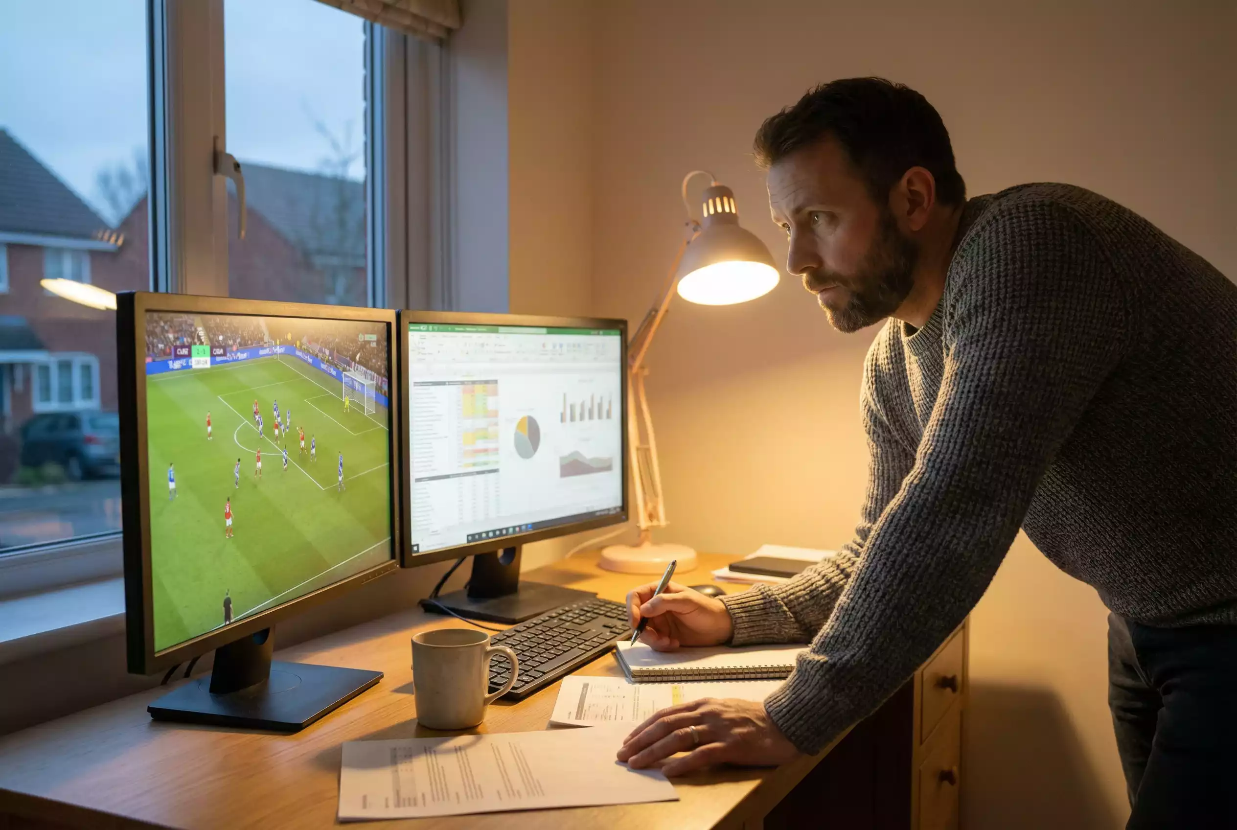 Konzentrierter Mann analysiert Sportereignis auf mehreren Bildschirmen