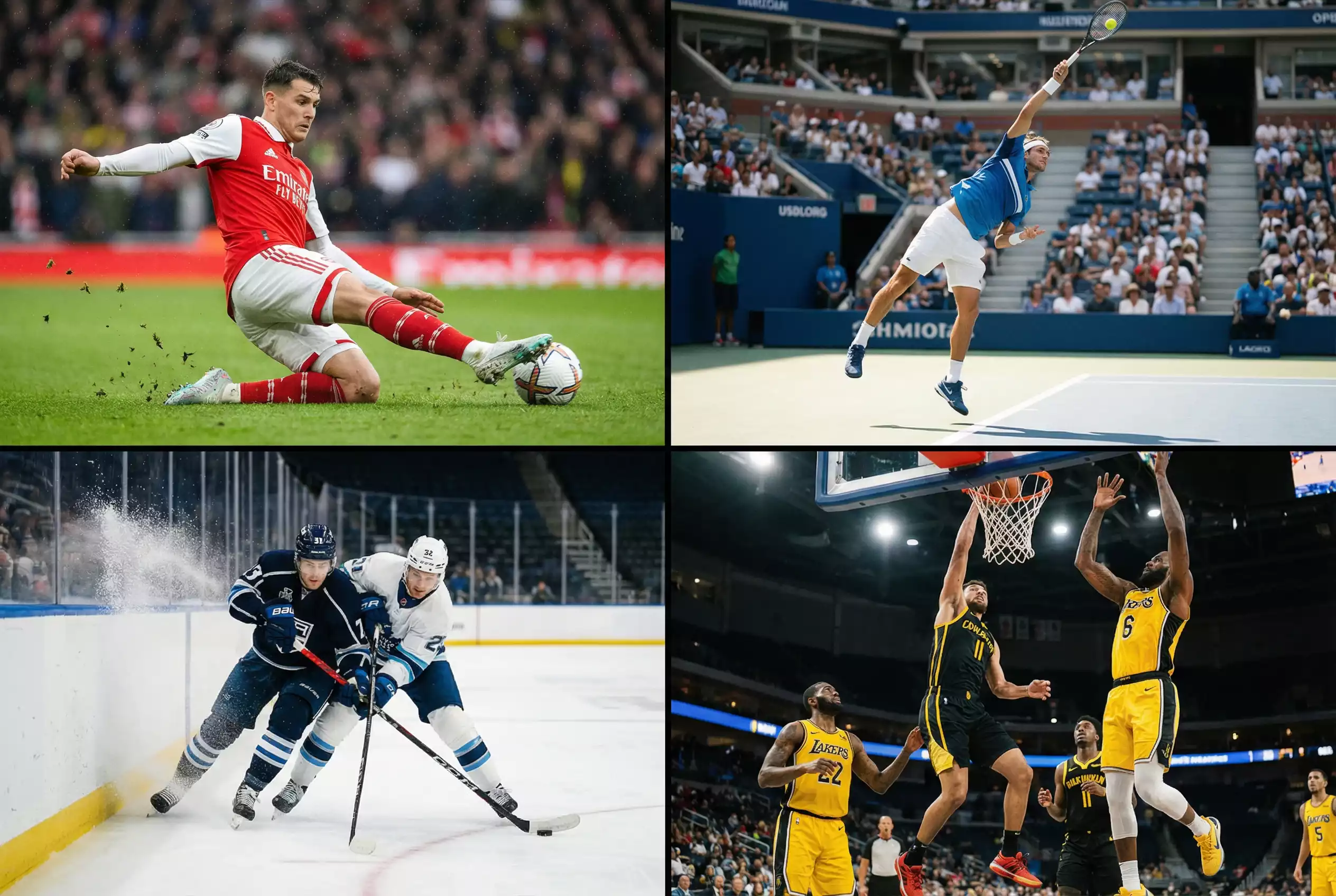 Collage verschiedener Sportarten: Fussball, Tennis, Eishockey und Basketball