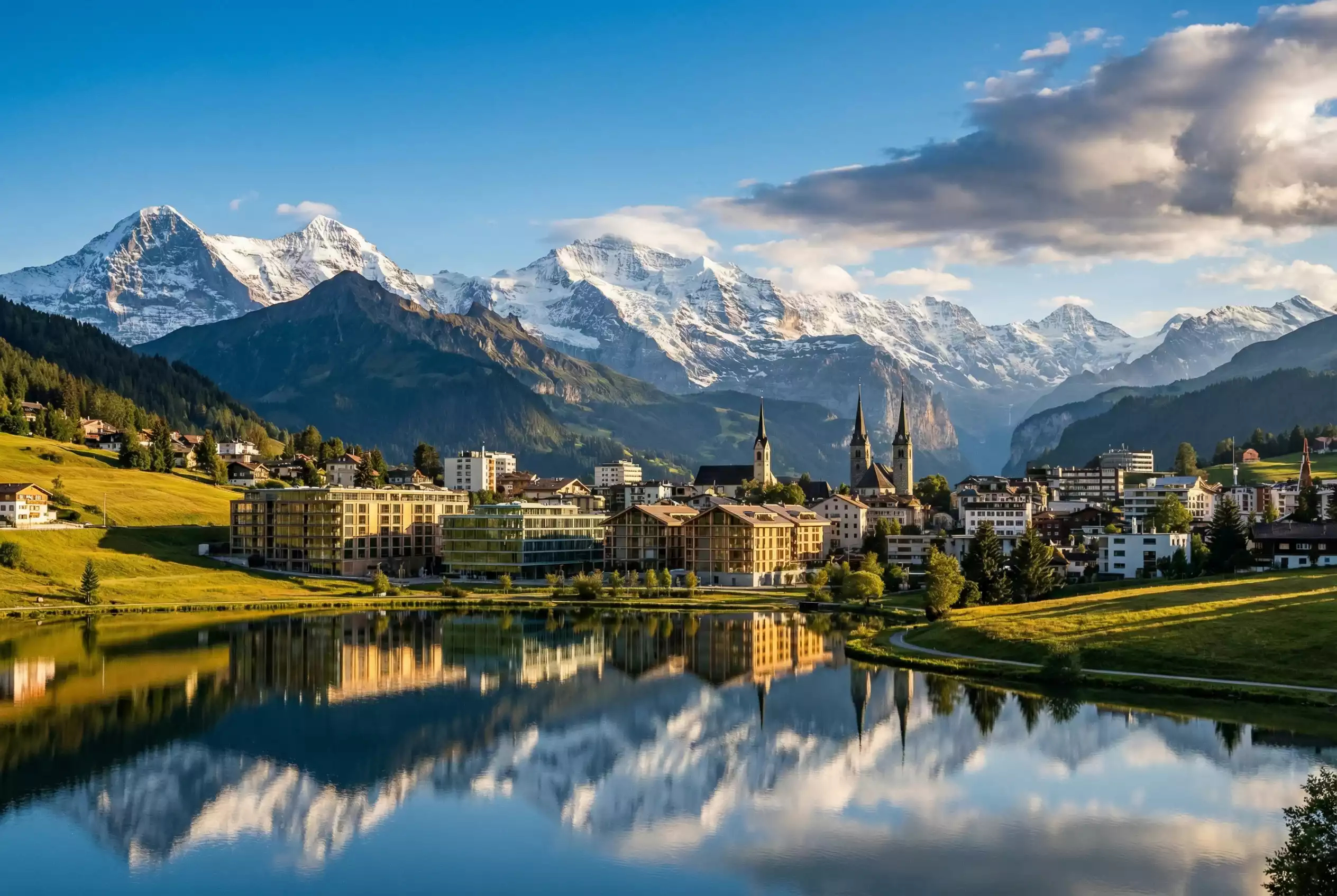 Panorama der Schweizer Alpen mit moderner Stadtsilhouette