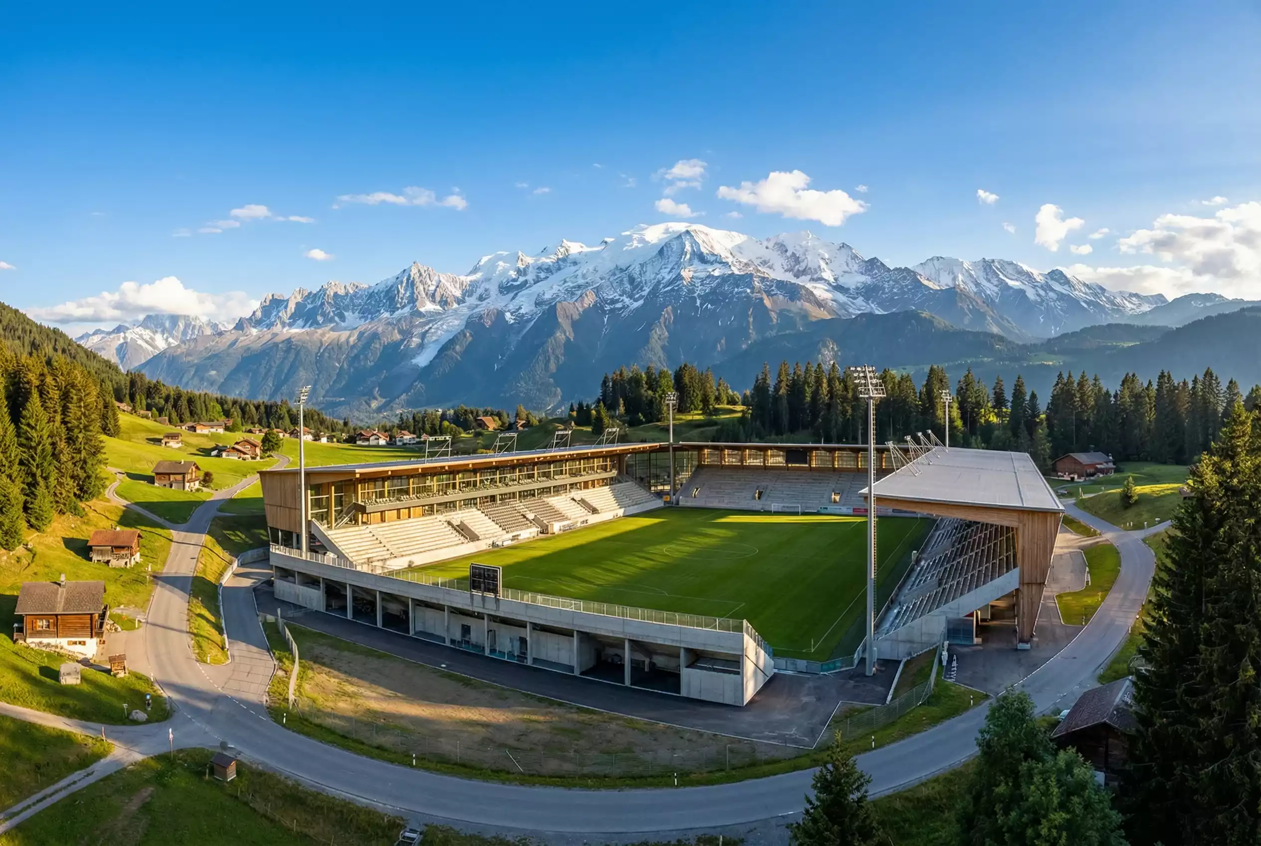 Schweizer Fussballstadion mit Alpenkulisse im Hintergrund bei Tageslicht