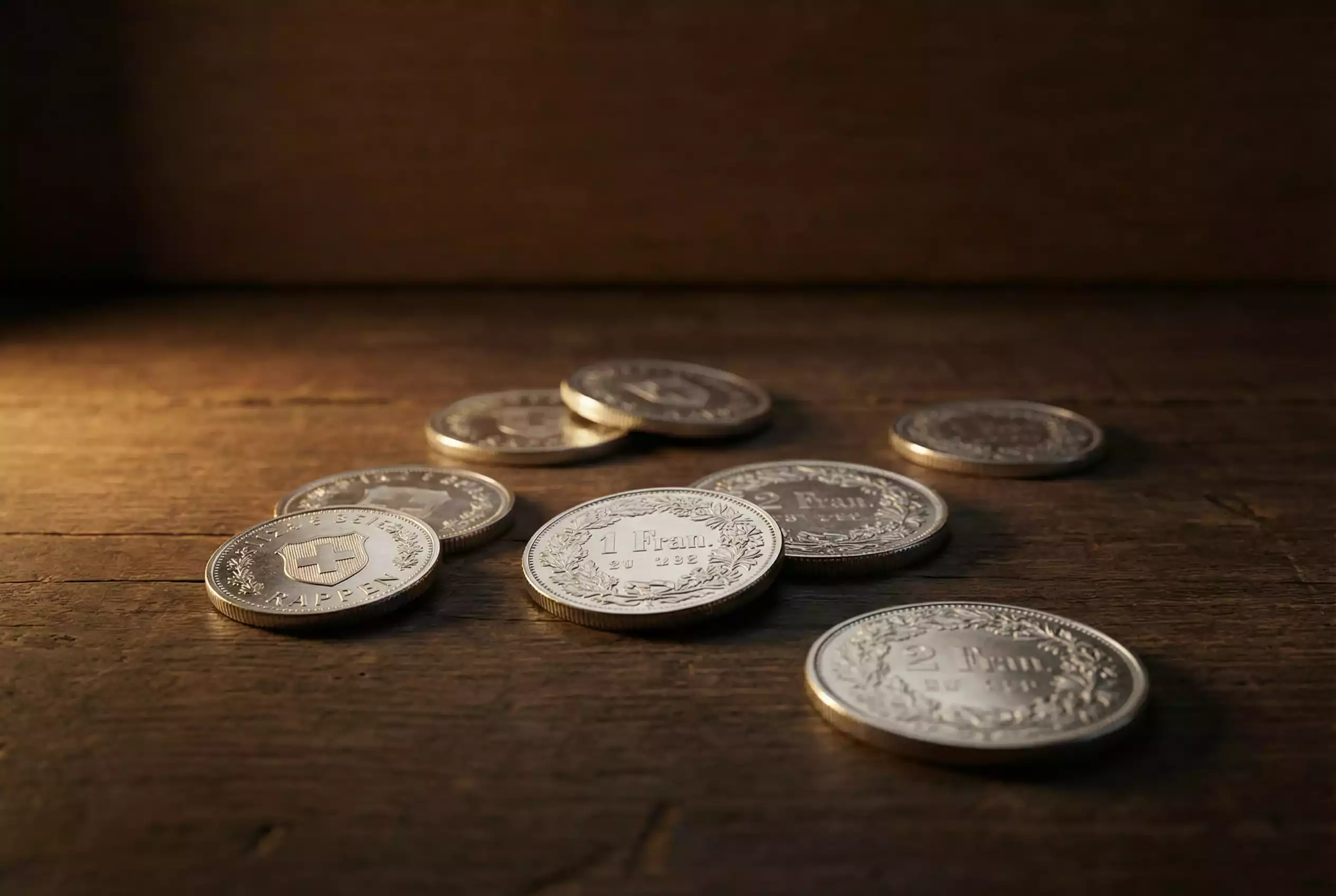 Schweizer Franken Münzen symbolisieren lokalen Finanzkontext