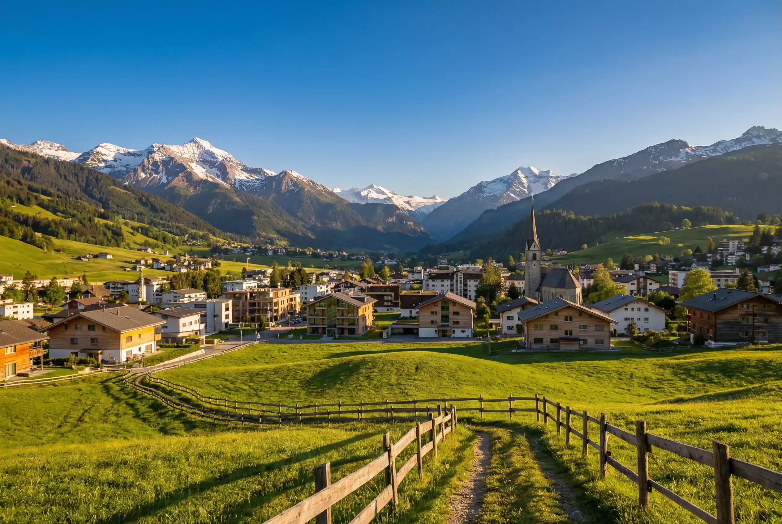 Schweizer Alpenlandschaft mit modernem Stadtbild im Hintergrund