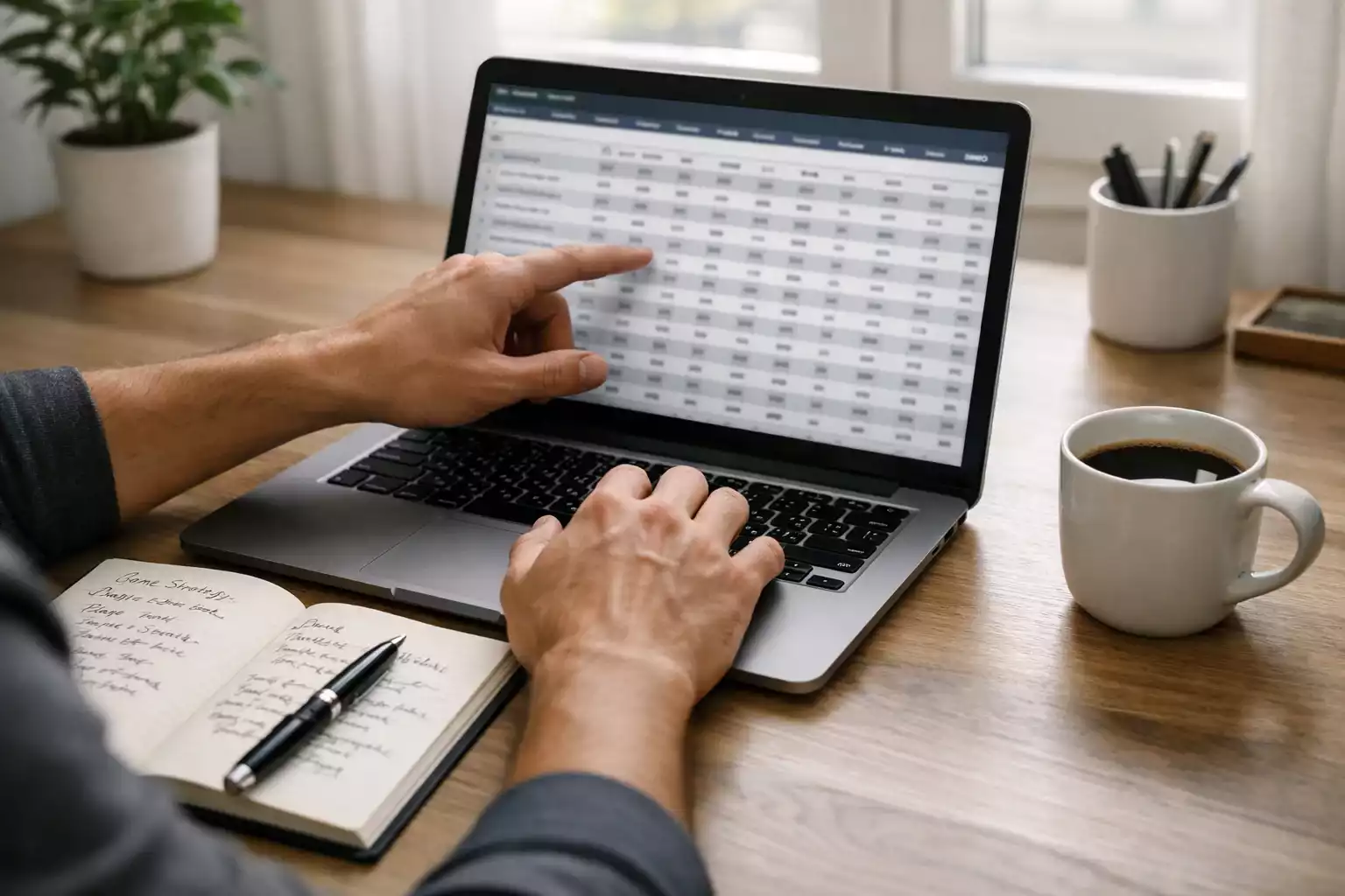 Person analysiert Sportstatistiken am Laptop mit Notizblock daneben