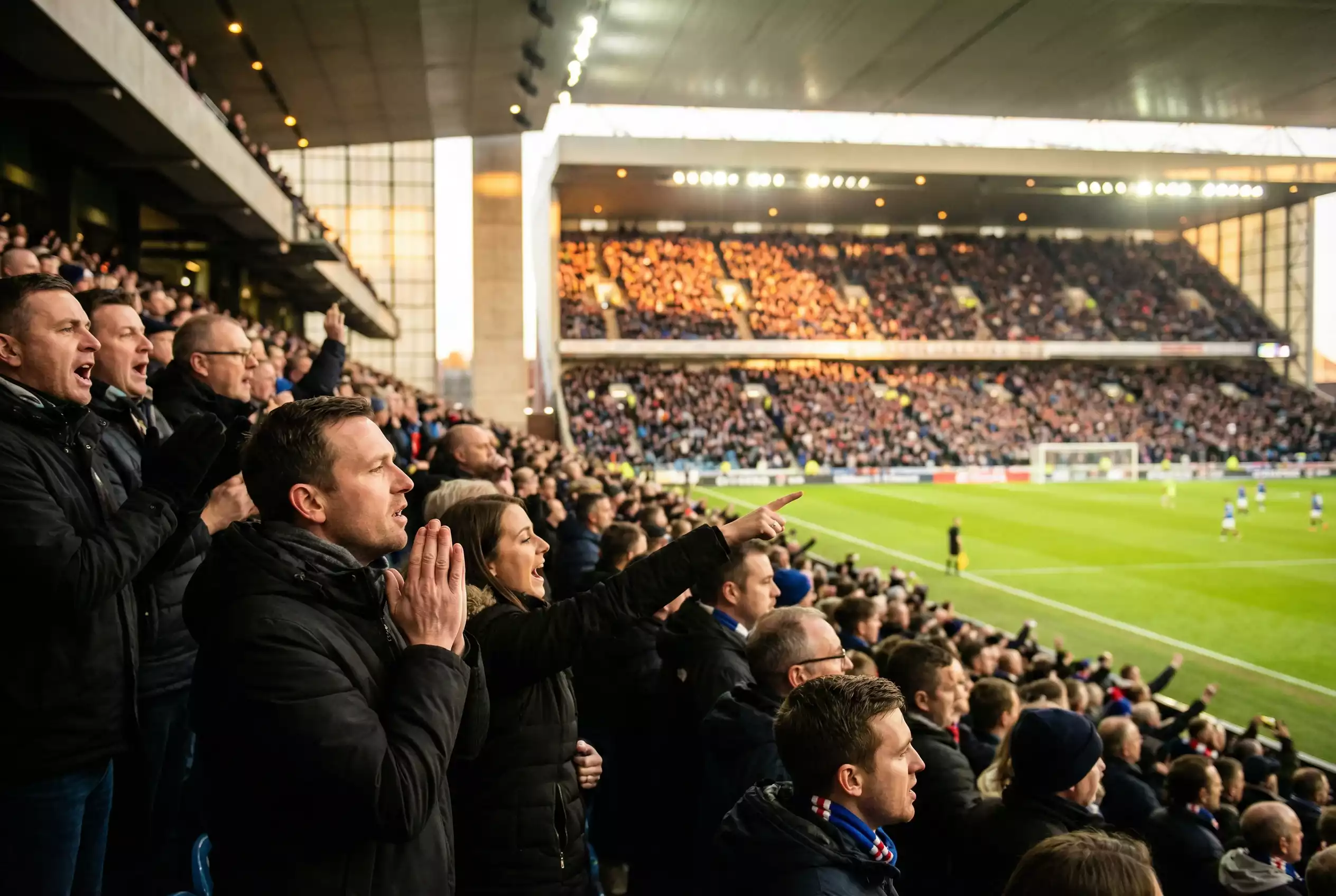 Fussballfans in einem Stadion verfolgen gebannt ein Abendspiel unter Flutlicht