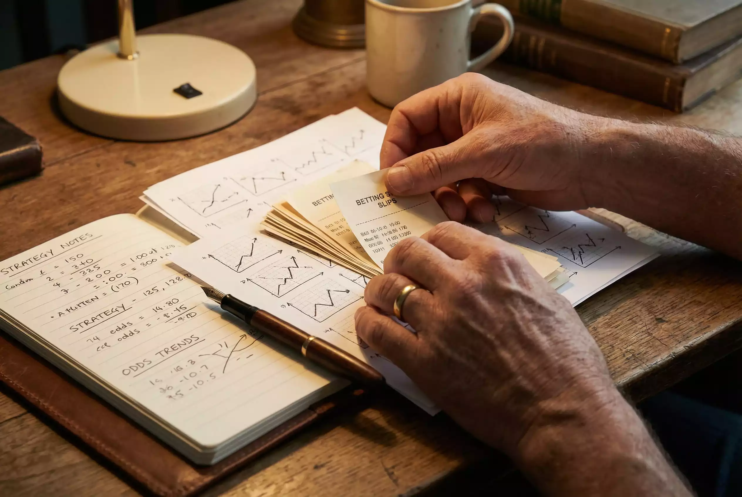 Nahaufnahme einer Hand die Wettscheine sortiert neben einem aufgeschlagenen Notizbuch mit Berechnungen