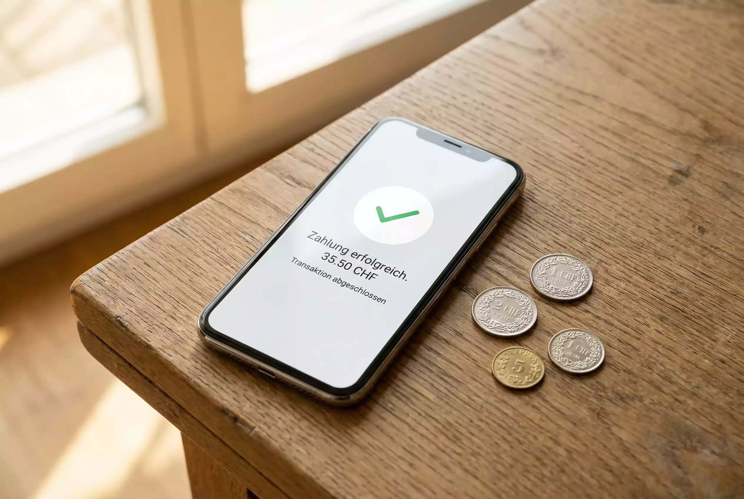Smartphone mit TWINT-App und Schweizer Franken symbolisiert sichere Zahlung